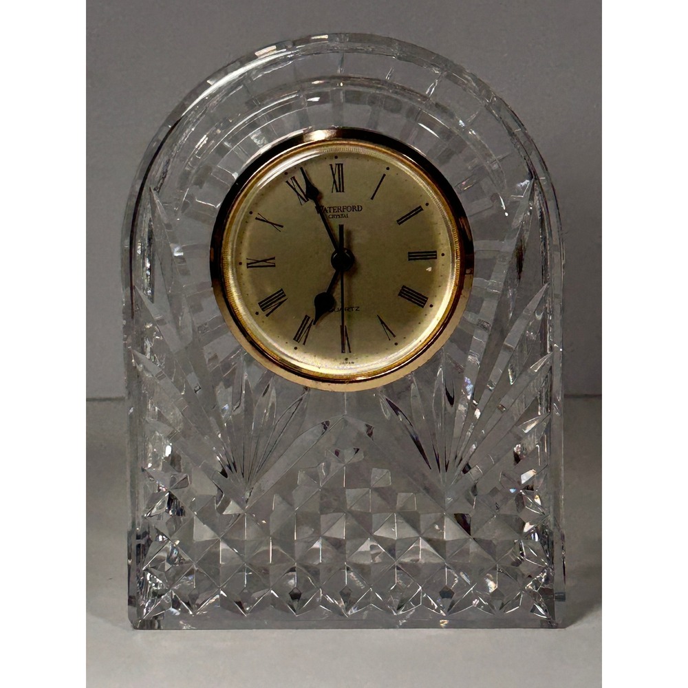 Waterford Crystal Arched Desk Clock Gold Tone Bezel Roman Numeral Quartz Ireland